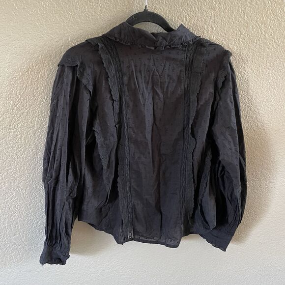 Farm Rio Blouse XS Black Romantic Swiss Dot Ruffle Button Up Victorian Boho - Picture 6 of 16